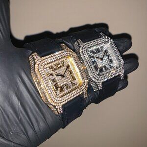 Men's 18K Gold/White Gold 45mm Iced-Out Square Dial Luxury Rubber Strap Watch